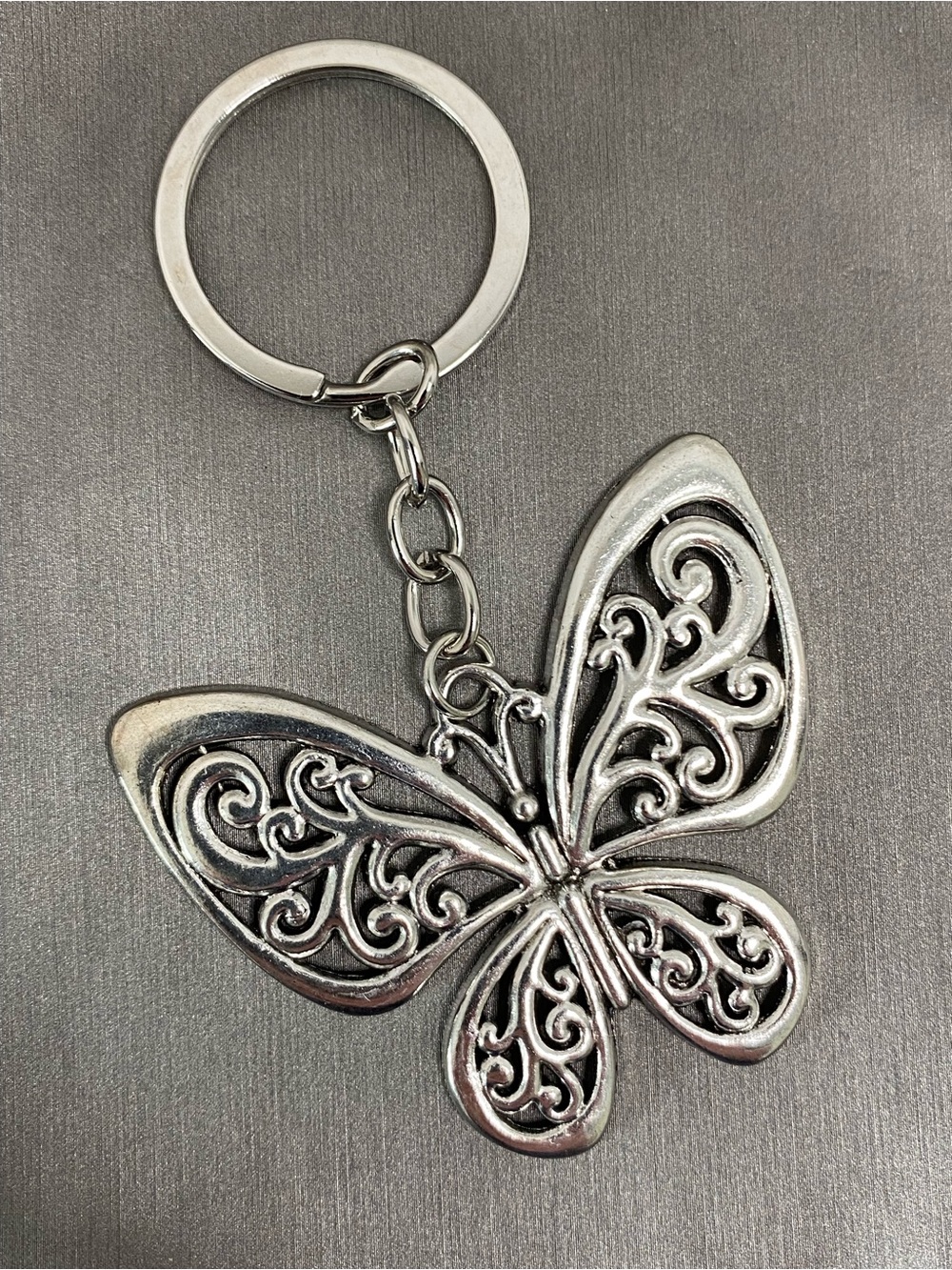 Large Silver Tone Filigree Butterfly Keychain Purse Bag Charm